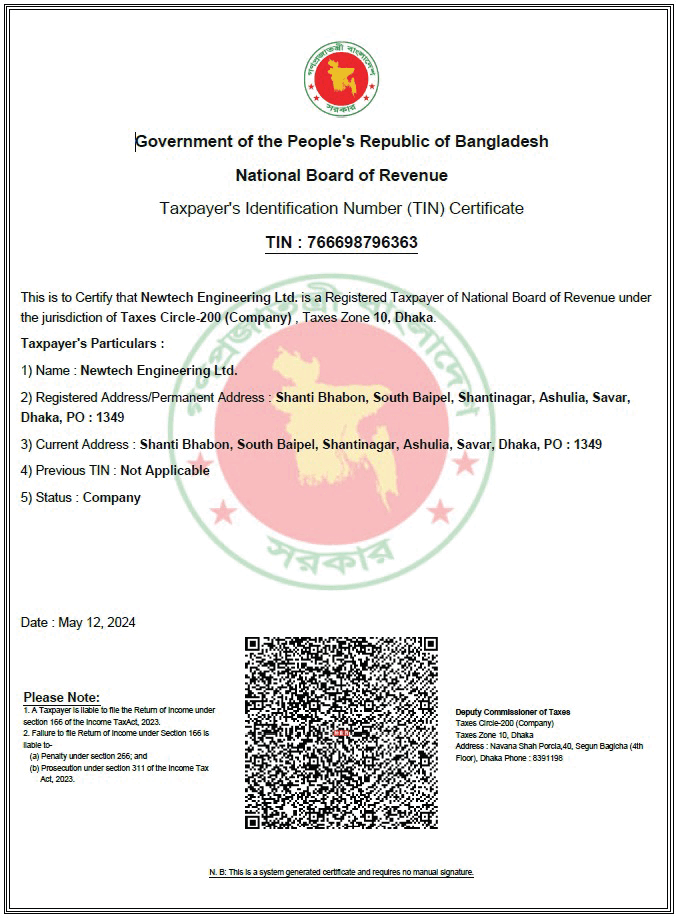 NewTech Engineering TIN Certificate